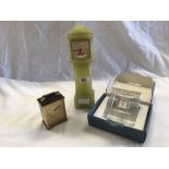 GREEN MARBLE MINIATURE LONG CASE CLOCK, SMALL GOLD FACED CARRIAGE CLOCK & A DESK WATCH ENCASED IN