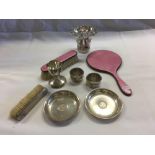 CARTON WITH MISC SILVER ITEMS, 2 SALTS, EGG CUP, 2 SILVER MOUNTED BRUSHES & MIRROR, (800 STANDARD)