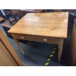 SMALL STRIPPED PINE KITCHEN TABLE WITH 2 DRAWERS & TURNED LEGS, 39'' X 22''