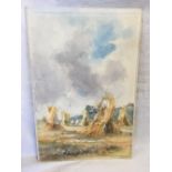 EARLY 20THC WATERCOLOUR OF A HARVEST LANDSCAPE WITH CORN STOOKS, SIGNED MAY HIGGINSON