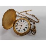 YELLOW METAL POSSIBLY GOLD PLATED POCKET WATCH & CHAIN, WATCH MISSING CRYSTAL