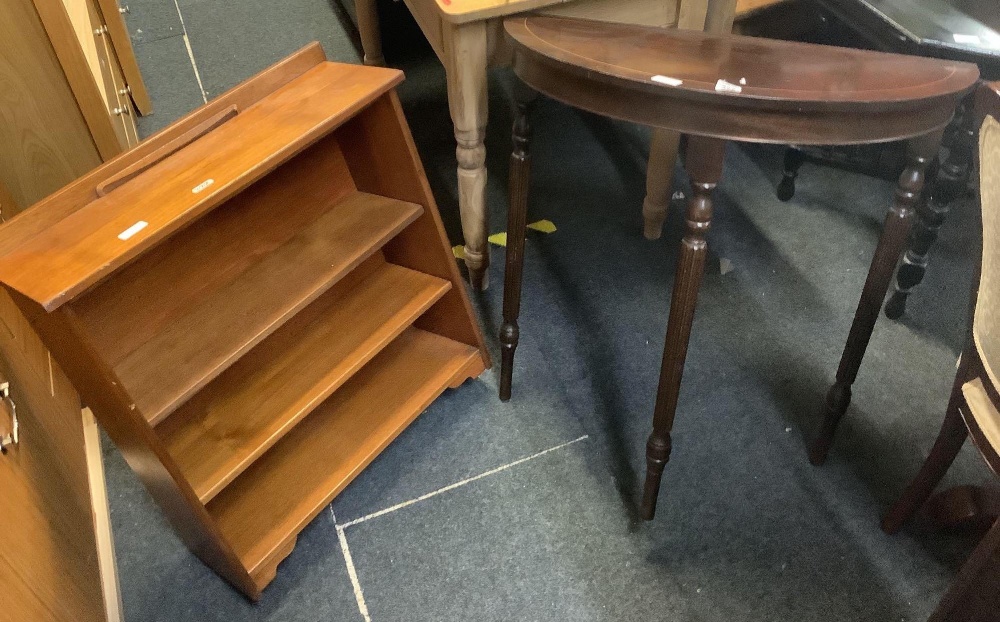 MODERN TEAK SHELF UNIT & REPRODUCTION HALF MOON HALL TABLE