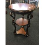 MODERN REPRODUCTION WALNUT 3 TIER TABLE WITH SWAN NECKED & SCROLLED LEGS