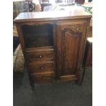 STRESSED OAK DRINKS CABINET, CUPBOARD & 3 DRAWERS, 32'' WIDE