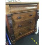 LATE VICTORIAN MAHOGANY CHEST OF DRAWERS WITH CARVED EMBELLISHMENTS & 4 LONG DRAWERS