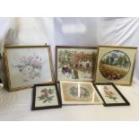 BOX CONTAINING A GROUP OF VARIOUS WOOL WORK AND NEEDLEWORK CROSS-STITCH PANELS, FRAMED. FLORAL AND