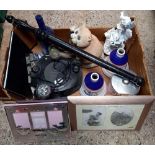 CARTON WITH PHILIPS RADIO, LARGE SHACKLE, CAT GARDEN FEATURE, F/G PICTURES & OTHER BRIC-A-BRAC