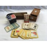 1950'S QUALITY WOODEN CHESS SET IN ORIGINAL WOODEN BOX, ANTIQUE PLAYING CARDS INCL; VINTAGE PETER