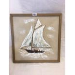 PRIMITIVE OIL PAINTING ON CANVAS OF A SAILING VESSEL