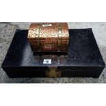 BRASS & COPPER TEA CADDY & BLACK METAL DOCUMENT BOX