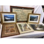 LARGE F/G MAP OF THE WEST INDIES, 2 SMALL PICTURES & 3 FRAMED PHOTOGRAPHS