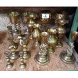 QTY OF BRASS-WARE INCL; SMALL CANDLESTICKS, GOBLETS, SMALL VASES
