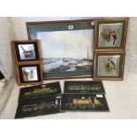 4 FRAMED PICTURES OF BIRDS, A PRINT OF THE TEIGN ESTUARY BY BRIAN HAYES, & 4 PICTURES OF TRAINS