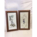 A PAIR OF COLOURED EMBROIDERIES OF ORIENTAL LADIES IN LANDSCAPES. IN CARVED WOOD FRAMES.