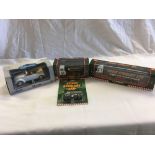 SHELF CONTAINING 3 EDDY STOBART MODELS & VOLKSWAGEN BEETLE, ALL IN BOXES