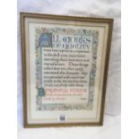 A HAND PAINTED ILLUMINATED MANUSCRIPT OF A QUOTE BY JOHN RUSKIN. SIGNED ROSALIE M BROWN.