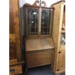 PERIOD GLAZED BOOKCASE ON DROP FRONT BUREAU WITH 2 DRAWERS