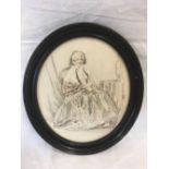 A PENCIL AND WATERCOLOUR MINIATURE PORTRAIT OF A LADY SEATED BY A TABLE. OVAL.
