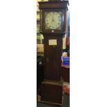 OAK LONG CASED CLOCK, CIRCA 1780 CONVERTED TO BATTERY WITH ORIGINAL PENDULUM & WEIGHTS & PAINTED