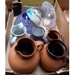 5 EARTHENWARE JUGS, 1 BY ROYAL BARUM BY C H BANNAM, GLASS DECANTER, DECORATIVE GLASS PLATE &