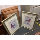 2 MATCHING F/G BUTTERFLY PRINTS, 6 PINE FRAMED FLORAL PRINTS & FELT PICTURE OF A CAMEL