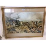 19THC COLOURED PRINT OF A BATTLE SCENE, INDISTINCTLY SIGNED & DATED 1883, 16'' X 26''