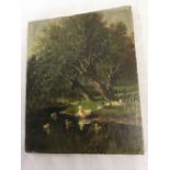 SMALL OIL PAINTING ON WOODEN PANEL OF DUCKS AND DUCKLINGS ON A RIVERBANK, INDISTINCTLY SIGNED C