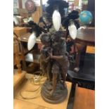 LARGE HEAVY BRONZE EFFECT TABLE LAMP WITH PAIR OF CAST FIGURES & 3 BULBS