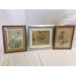 3 JAPANESE PRINTS; A PAIR OF FLOWERS WITH BUTTERFLY, THE OTHER OF 2 GIRLS SITTING BESIDE A POND[3]