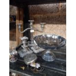 SILVER PLATED THREE BRANCH CANDLESTICK & 2 OTHERS, A SUGAR SCUTTLE, HEART SHAPED TRINKET BOX WITH