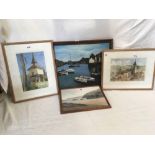 FRAMED OIL PAINTING OF A HARBOUR SCENE, UNSIGNED & 3 OTHER SMALL PAINTINGS