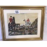 OIL PAINTING OF HUNTSMEN AND HOUNDS IN A LANDSCAPE, INDISTINCTLY SIGNED