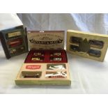 4 BOXED SETS OF TOYS INCL; BUSES BY UNIGATE, BRYANT & MAY'S VINTAGE VANS, BOXED SET OF FAMOUS STORES