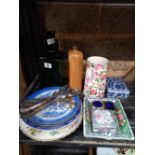 PART SHELF OF PLATEDWARE, CERAMIC PLATES, JUG, GREEN SQUARE SQUIRES GIN BOTTLE (EMPTY) & OTHER