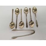 SET OF 6 SILVER PLATED APOSTLE SPOONS WITH MATCHING SUGAR TONGS