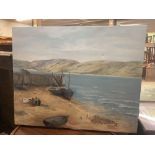 LARGE UNFRAMED OIL ON CANVAS OF ''THE JETTY'' BY TU CHAPLIN & 2 OTHERS PLUS FRAMED PRINT OF A BLUE