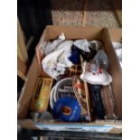 3 CARTONS OF MISC CHINA ITEMS & BRIC-A-BRAC INCL; LACE DOILIES, MINIATURE TEA/COFFEE SET &