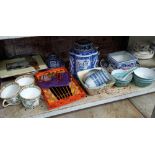 SHELF OF ORIENTAL CHINA, FAN, PICTURE, JOHNSON BROTHERS WILLOW BOWLS, LARGE COOKIE JAR & A SET OF