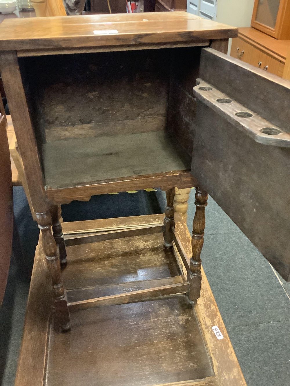 OAK SMOKERS CABINET WITH TURNED LEGS & CARVED OAK BLANKET CHEST WITH HINGED TOP - Image 2 of 4