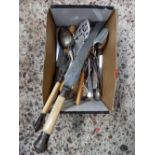 SMALL CARTON OF PLATED CUTLERY & CARVING KNIFE & FORK WITH SILVER MOUNTS