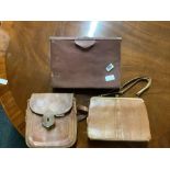 VINTAGE LEATHER TRAVEL BAG, A VINTAGE MAPPIN & WEBB HANDBAG & SMALL LEATHER SATCHEL TYPE HANDBAG