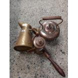 COPPER KETTLE, BRASS JUG & COPPER SIDE HANDLE CHOCOLATE POT