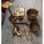 SHELF WITH BRASS LADIES SHOES, PIERCED BRASS TRIVET, BRASS PEDESTAL ASHTRAY SPITTOON & 2