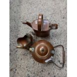 BRASS & COPPER KETTLE, HANDLE DETACHED, COPPER WATERING CAN & SMALL COPPER HOD