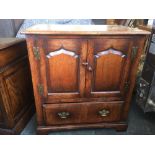 STRESSED OAK TV CABINET WITH DRAWER & BRASS DROP HANDLES, 32'' WIDE