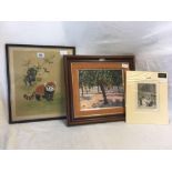 FRAMED CHINESE SILK PICTURE OF A RED PANDA & A FRAMED OIL OF AN ORCHARD