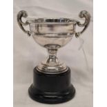 SILVER TROPHY CUP ON BASE, CUP 2.5'' TALL WITH 2 HANDLES, B'HAM 1933 BY J.W.T