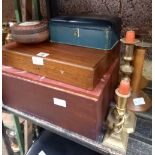 2 BRASS CANDLESTICKS, 2 EMPTY WOOD BOXES, JEWELLERY BOX, 2 WOOD METAL TURNED CANDLESTICKS & A