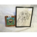 TWO PICTURES OF DOGS; ONE AN OIL PAINTING ON BOARD OF A WIRE HAIRED TERRIER BEFORE A HOUSE AND