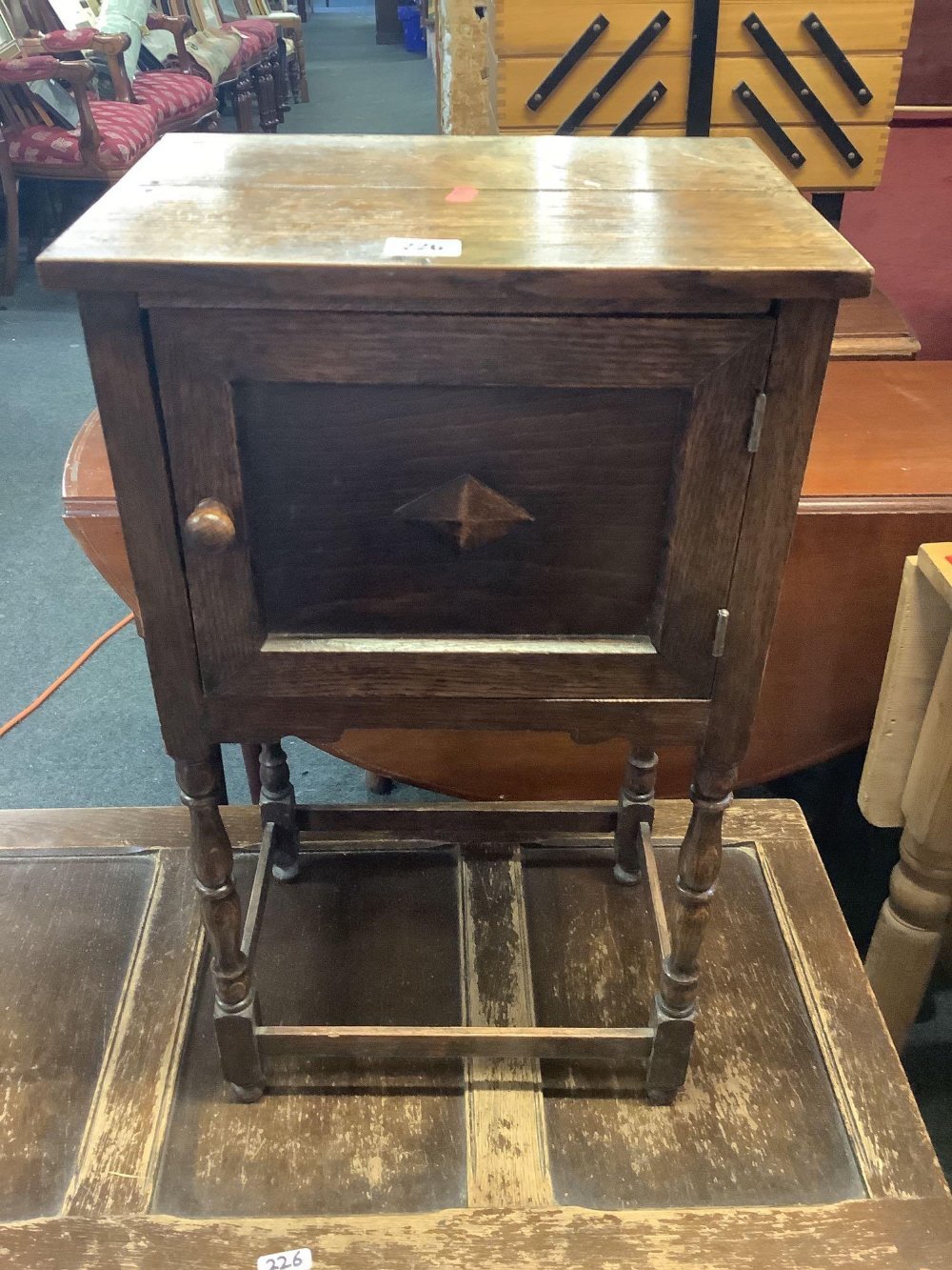 OAK SMOKERS CABINET WITH TURNED LEGS & CARVED OAK BLANKET CHEST WITH HINGED TOP